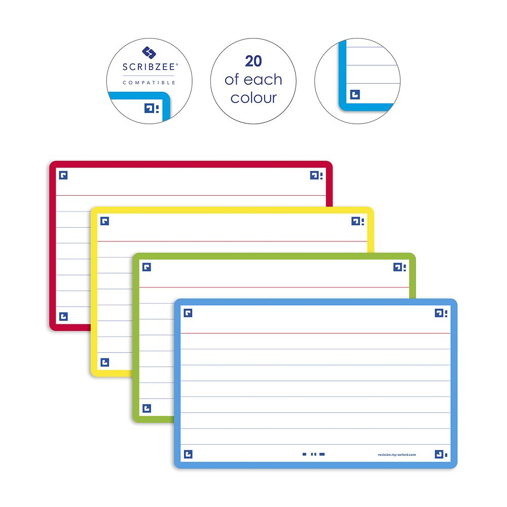 Oxford Flash Cards, Ruled, Assorted Colours, 7.5x12.5cm, Pack of 80