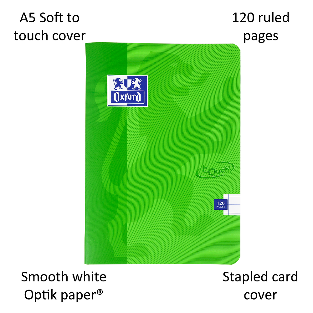 Oxford Touch Bright Green A5 Softcover Stapled Notebook Ruled with Margin 120 Pages