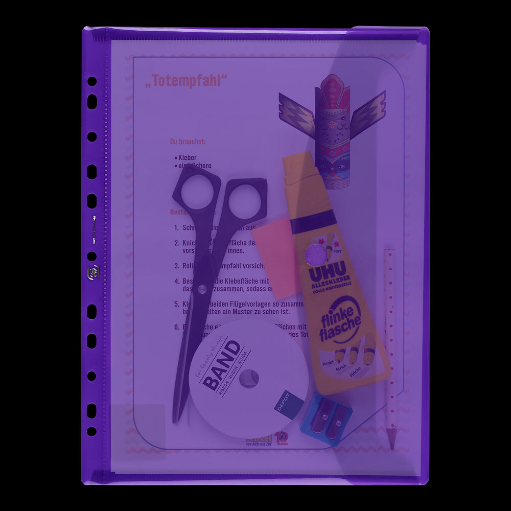 6 Velcro Close A4 Punched pockets, Polypropylene in assorted colours