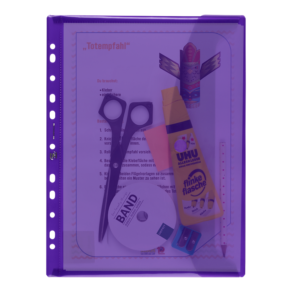 6 Velcro Close A4 Punched pockets, Polypropylene in assorted colours