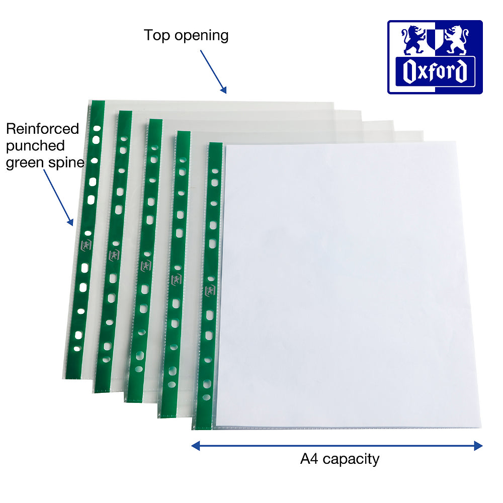 Oxford A4 green strip, glass clear Punched Pockets, Box of 100
