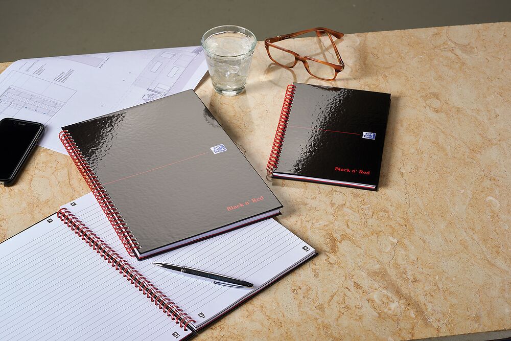 Oxford Black n' Red A5 Glossy Hardback Wirebound Notebook Ruled 140 Page Black