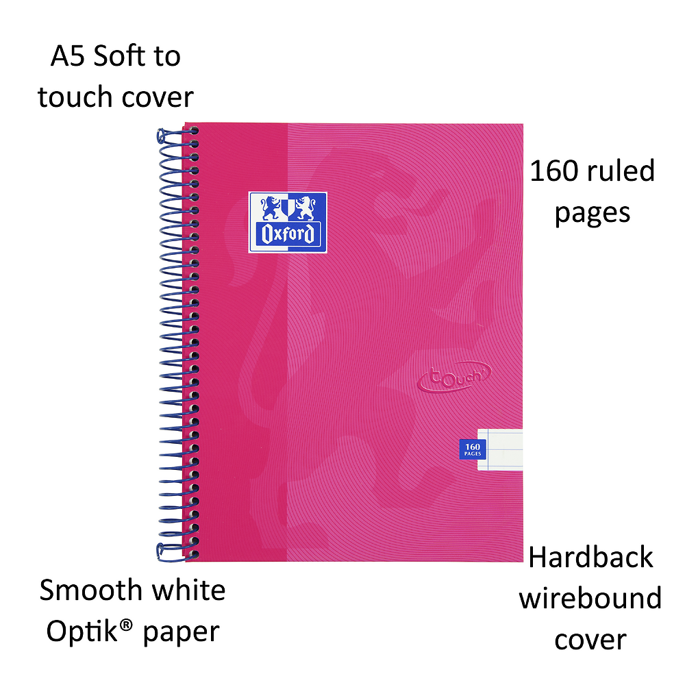 Oxford Touch Bright Pink A5 Wirebound Hardback Notebook, Ruled with 160 Pages
