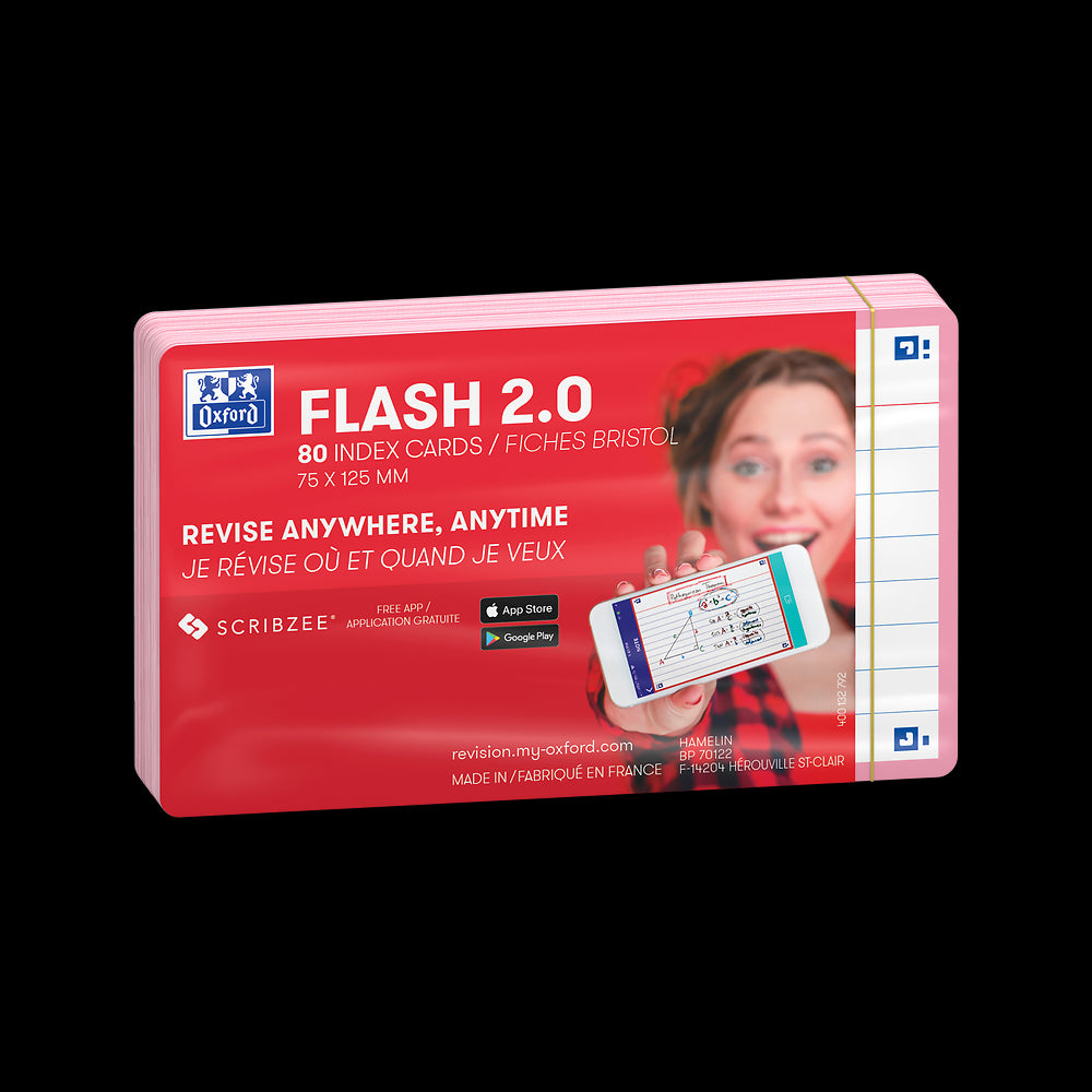 Oxford Pink Flash Cards, Ruled, 7.5x12.5cm, Pack of 80