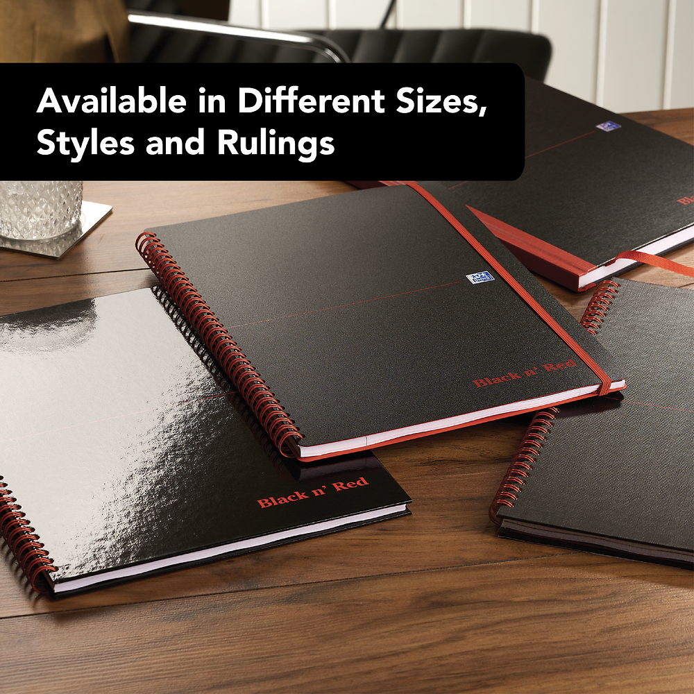 Oxford Black n' Red A5 Glossy Hardback Wirebound Notebooks Ruled 140 Page Black, Pack of 5