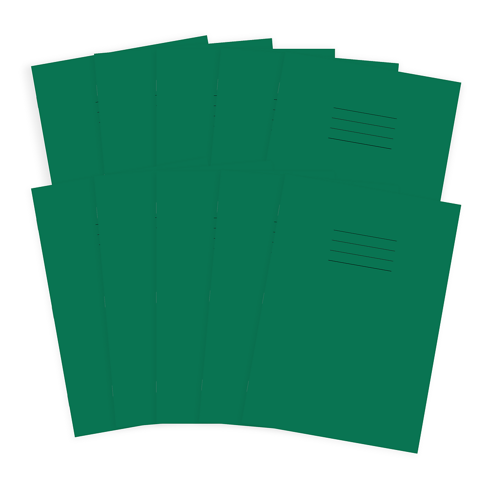 Hamelin A4 Exercise Books Stapled, 8mm lined header and footer, 80 page Pink tinted paper, Dark Green - 10 Pack