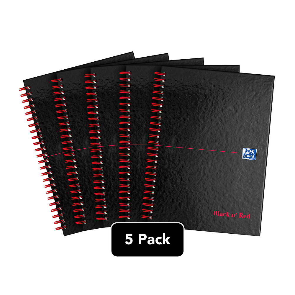 Oxford Black n' Red A5 Glossy Hardback Wirebound Notebooks Ruled 140 Page Black, Pack of 5