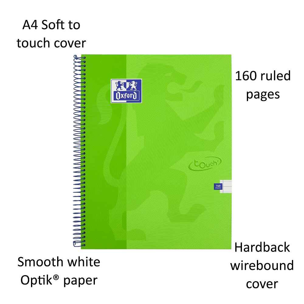 Oxford Touch Bright Green A4 Wirebound Hardback Notebook, Ruled with 160 Pages