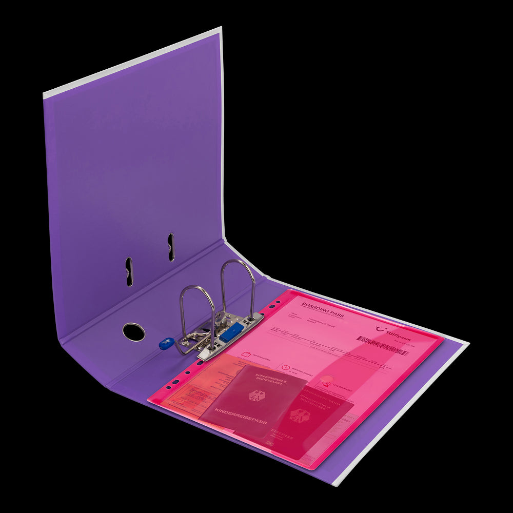 6 Velcro Close A4 Punched pockets, Polypropylene in assorted colours