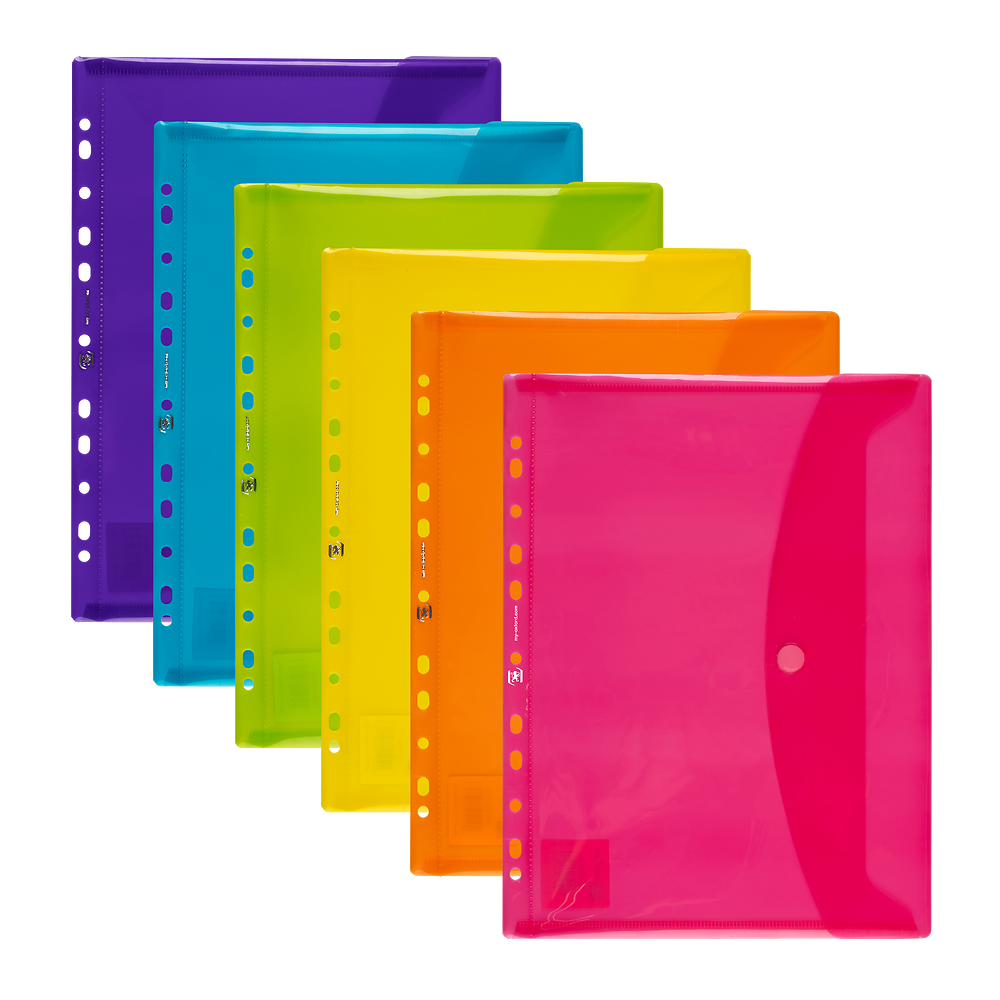 6 Velcro Close A4 Punched pockets, Polypropylene in assorted colours