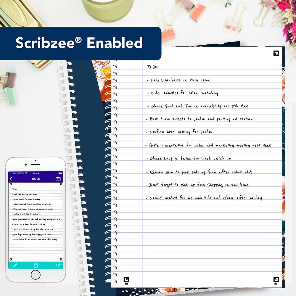 Oxford Botanics A5 Hard Cover Wirebound Notebook Twin Pack, Ruled with Margin, 140 Pages, Scribzee Enabled