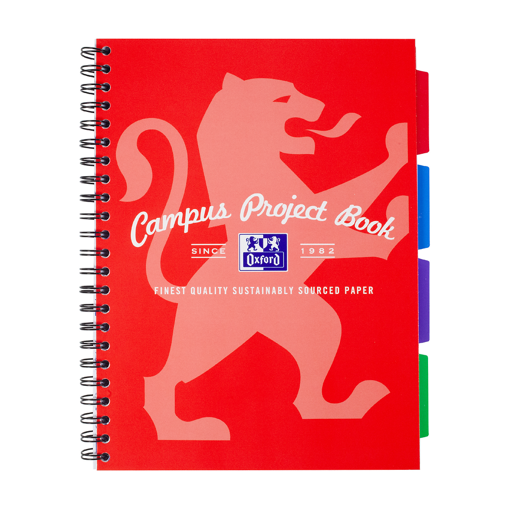 Oxford Campus Red Project Book A4+ Card Cover Wirebound Ruled with Margin 200 Pages