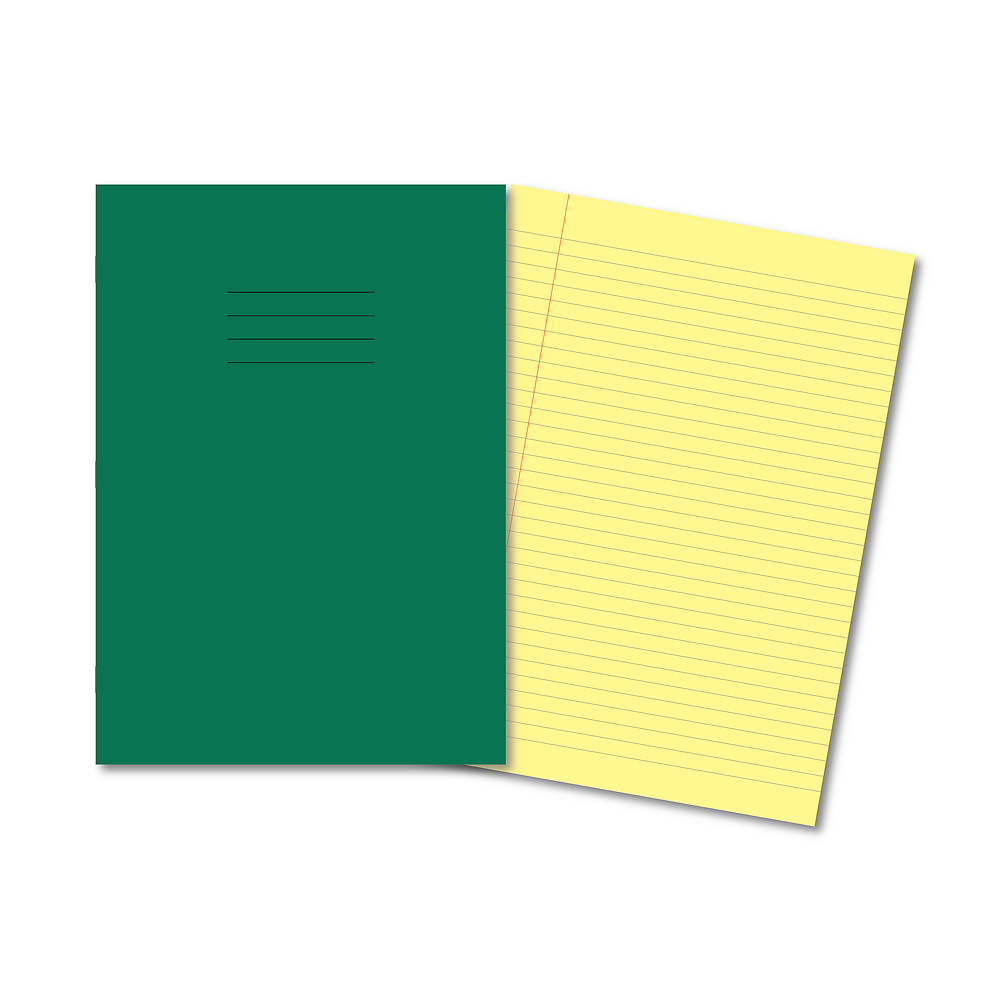 Hamelin A4 Exercise Books Stapled, 8mm lined header and footer, 80 page Yellow tinted paper, Dark Green - 10 pack