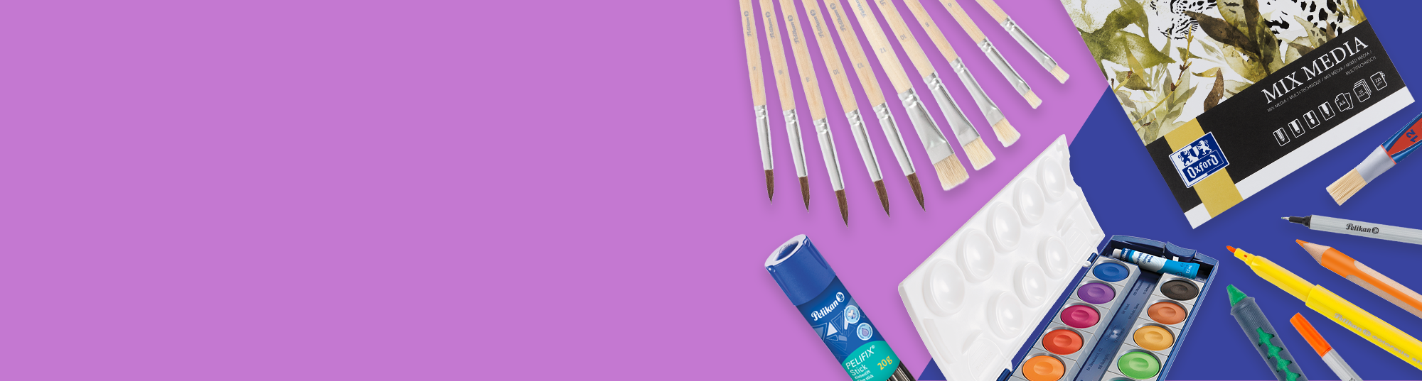 Art supplies including brushes, watercolors, and pencils on a purple and blue gradient background.