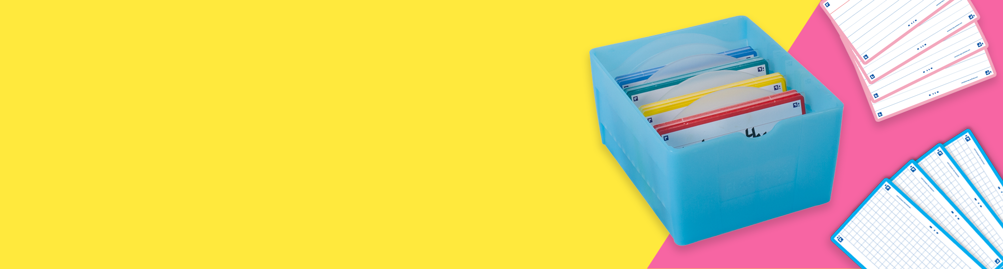 Blue file folder organizer with labeled tabs on a yellow and pink background