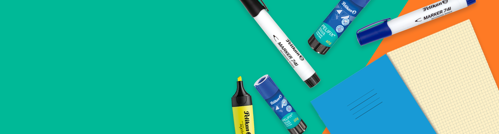Colorful markers and a notebook on a green, blue, and orange gradient background