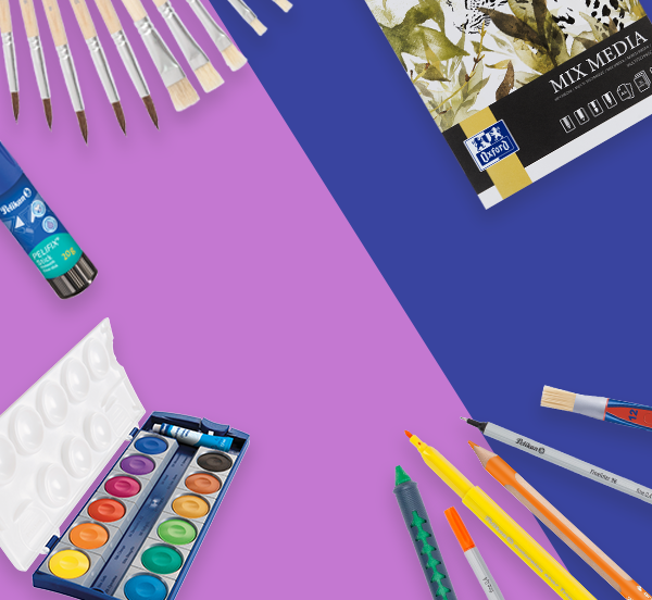 Art supplies including paintbrushes, watercolor paints, and markers on a purple and blue background