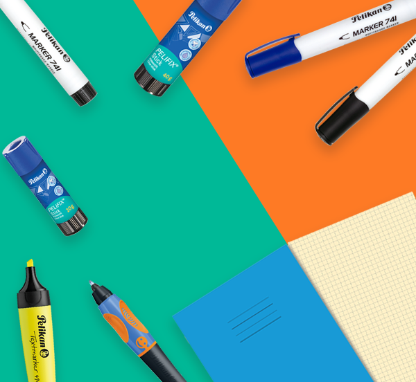 Collection of colorful markers and a notebook on a green, orange, and beige background
