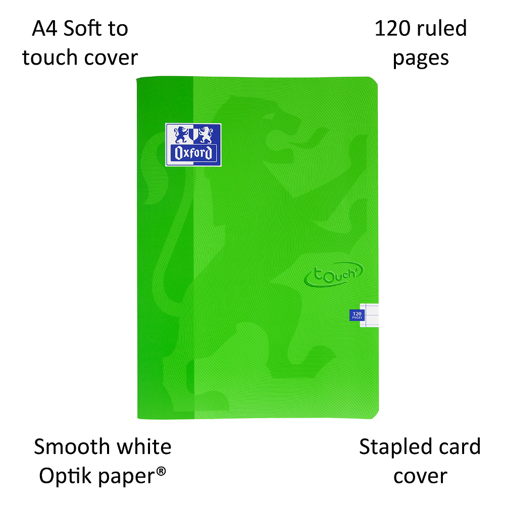 Oxford Touch Bright Green A4 Softcover Stapled Notebook, Ruled with 120 Pages