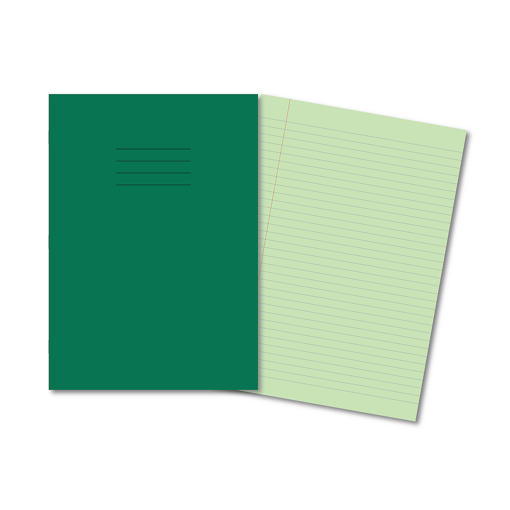 Hamelin A4 Exercise Books Stapled, 8mm lined header and footer, 80 page Green tinted paper, Dark Green - 10 Pack