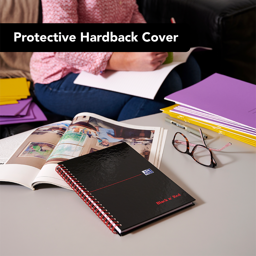 Oxford Black n' Red A6 Glossy Wirebound Hardback Notebook, Ruled and Perforated, 140 Page