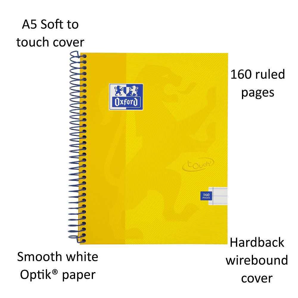 Oxford Touch Yellow A5 Wirebound Hardback Notebook, Ruled with 160 Pages