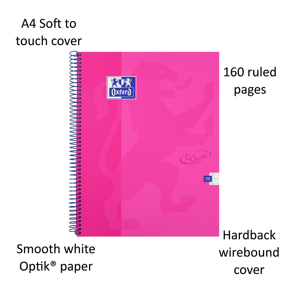 Oxford Touch Bright Pink A4 Wirebound Hardback Notebook, Ruled with 160 Pages