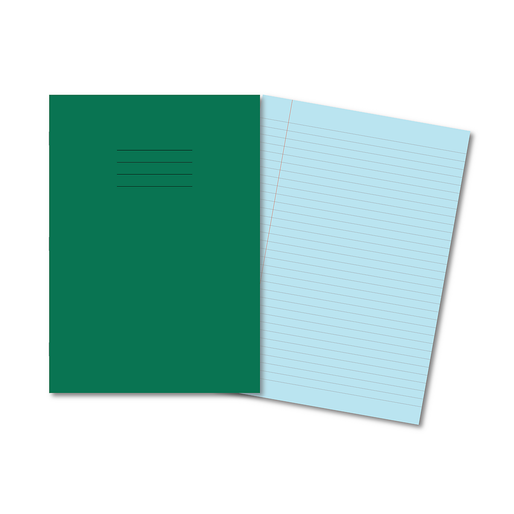 Hamelin A4 Exercise Books Stapled, 8mm lined header and footer, 80 page Blue tinted paper, Dark Green - 10 Pack
