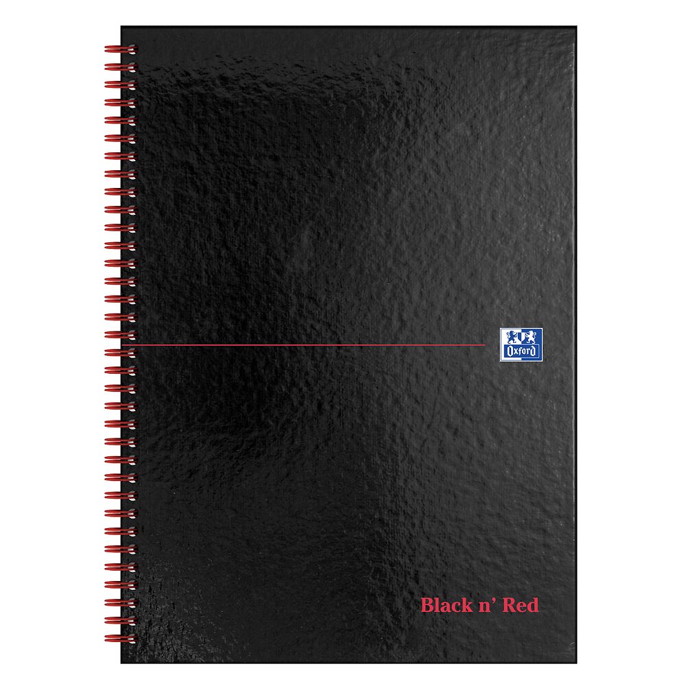 Oxford Black n' Red A4 Glossy Hardback Wirebound Notebook 5mm Square Ruled 140 Page Black