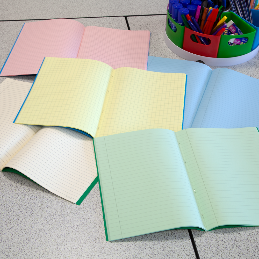 Hamelin A4 Exercise Books Stapled, 8mm lined header and footer, 80 page Yellow tinted paper, Dark Green - 10 pack