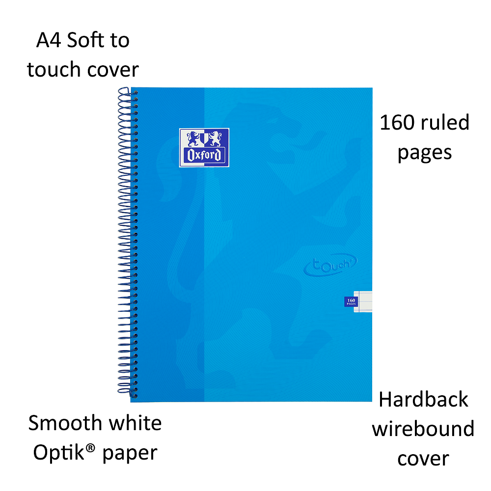 Oxford Touch Aqua A4 Wirebound Hardback Notebook, Ruled with 160 Pages