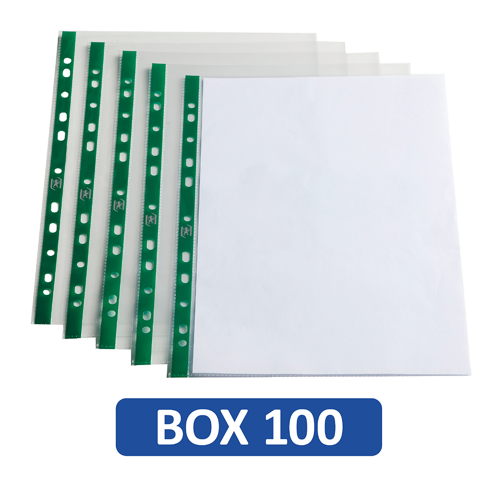 Oxford A4 green strip, glass clear Punched Pockets, Box of 100