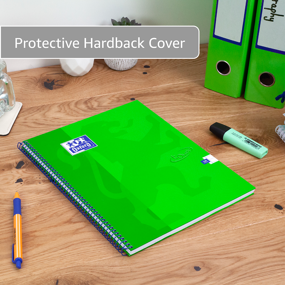 Oxford Touch Bright Green A4 Wirebound Hardback Notebook, Ruled with 160 Pages