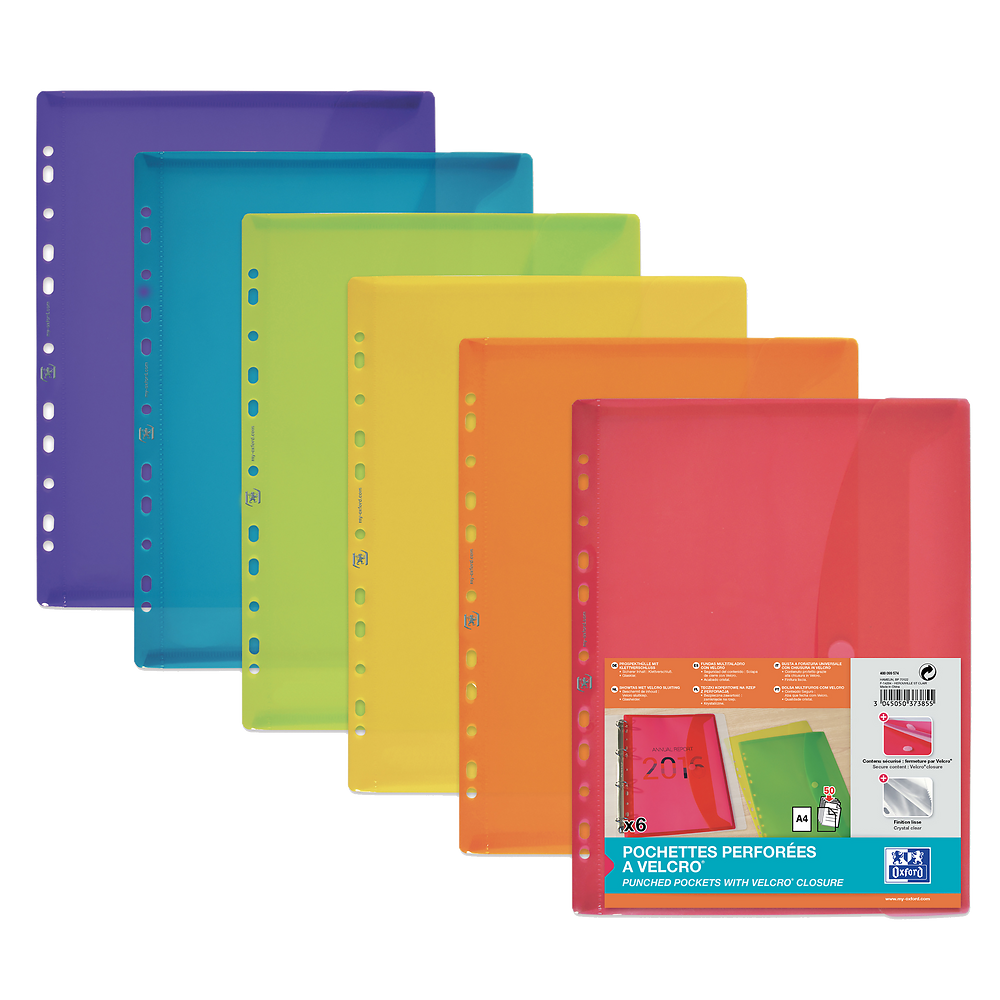 6 Velcro Close A4 Punched pockets, Polypropylene in assorted colours