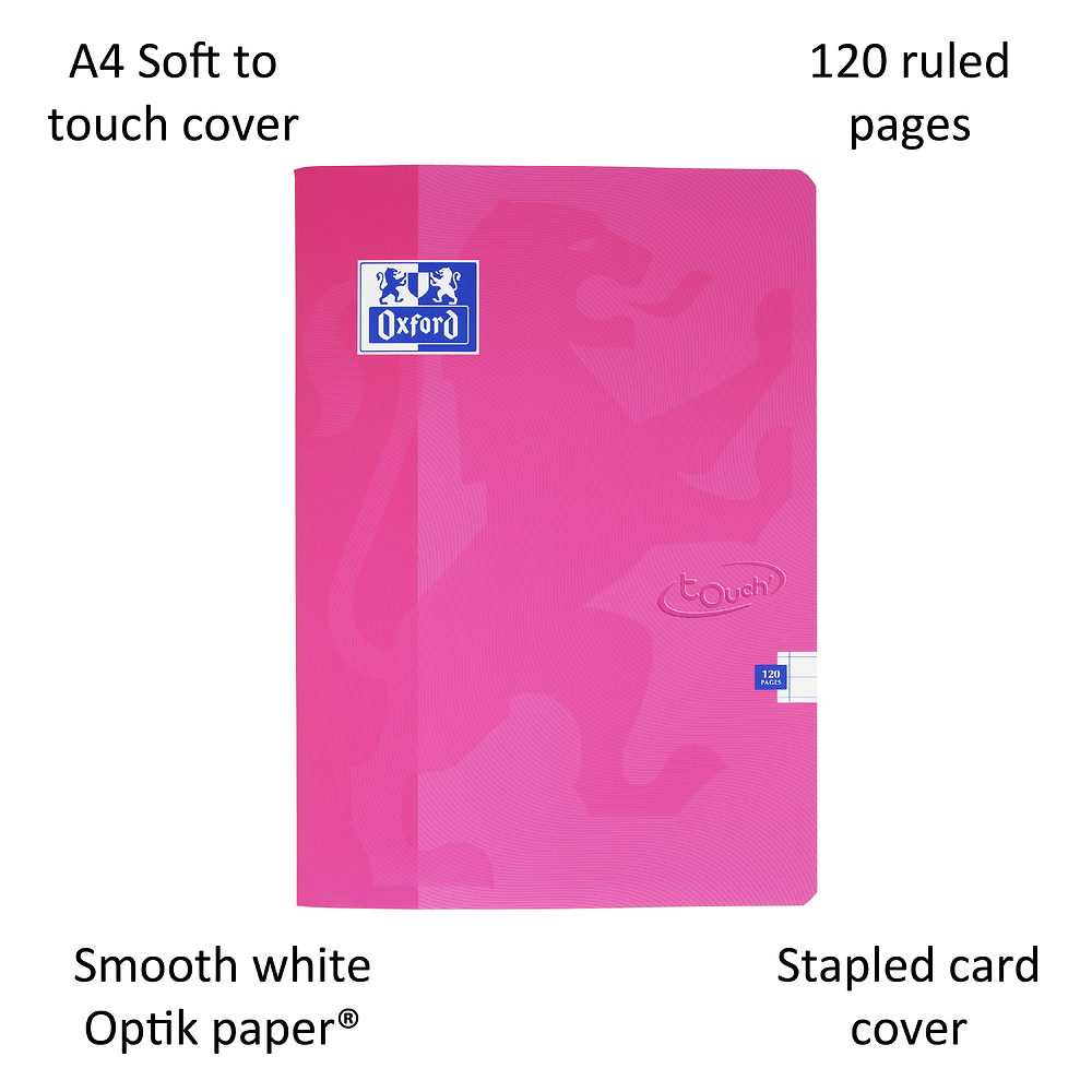 Oxford Touch Bright Pink A4 Softcover Stapled Notebook, Ruled with 120 Pages