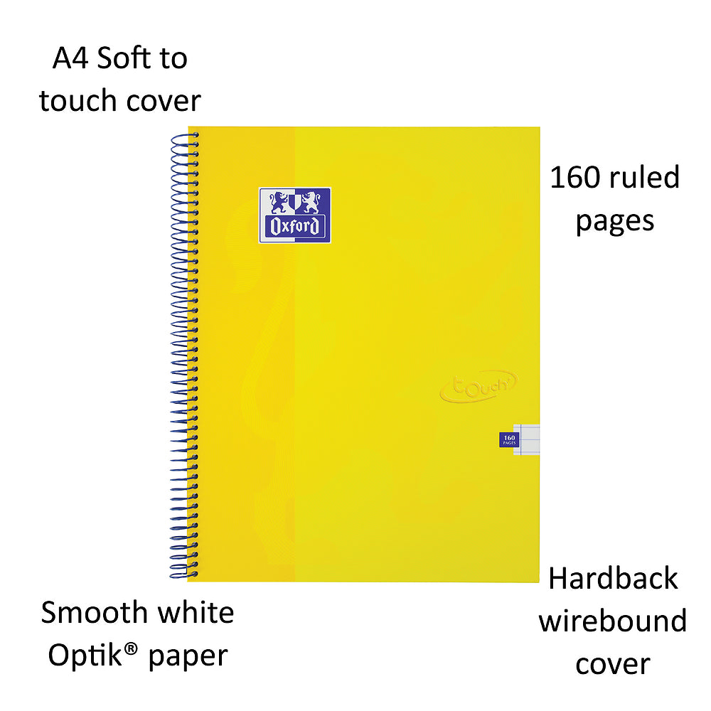 Oxford Touch A4 160 Page Wirebound Hardback Notebook, Yellow