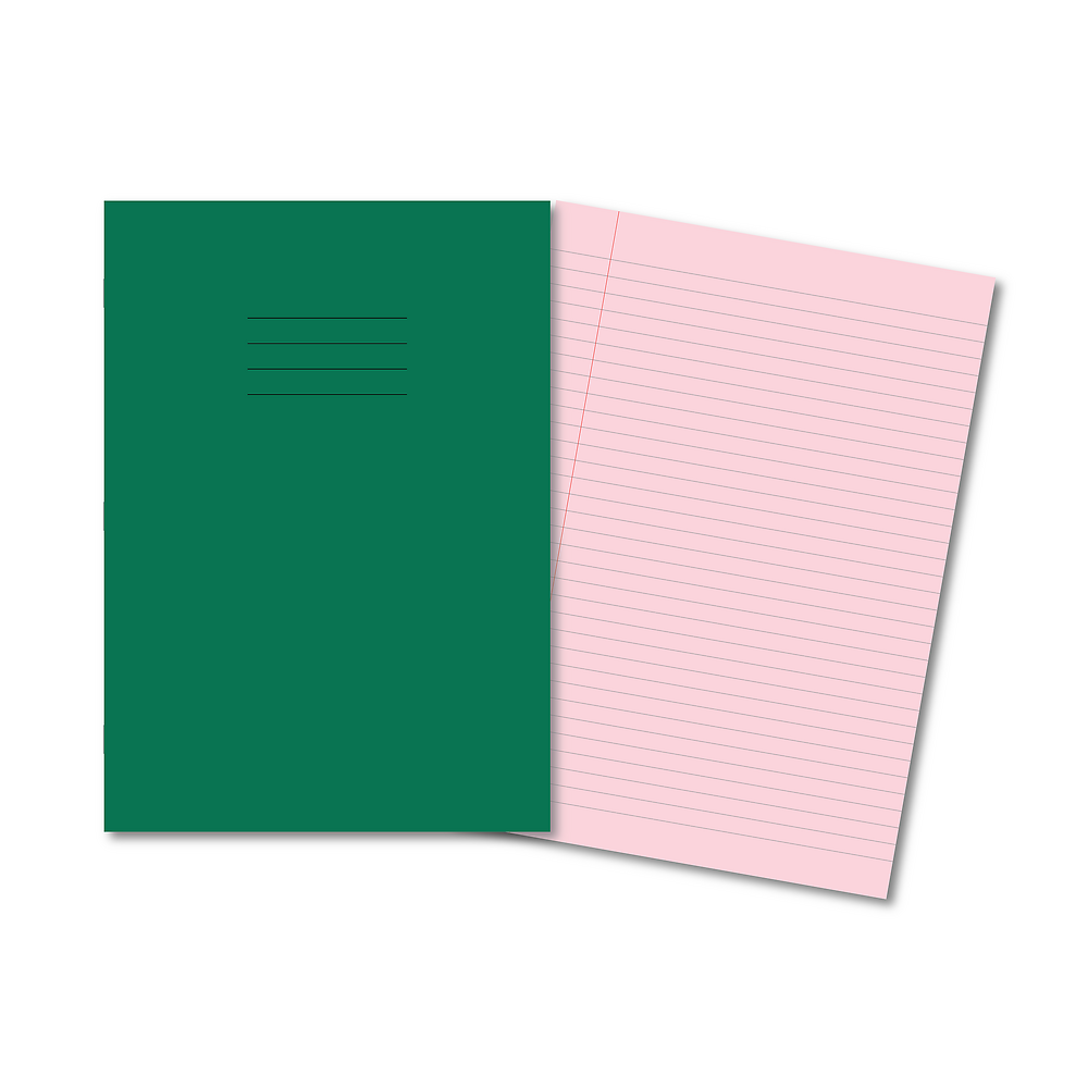 Hamelin A4 Exercise Books Stapled, 8mm lined header and footer, 80 page Pink tinted paper, Dark Green - 10 Pack