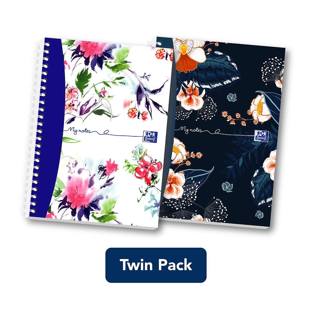 Oxford Botanics A5 Hard Cover Wirebound Notebook Twin Pack, Ruled with Margin, 140 Pages, Scribzee Enabled
