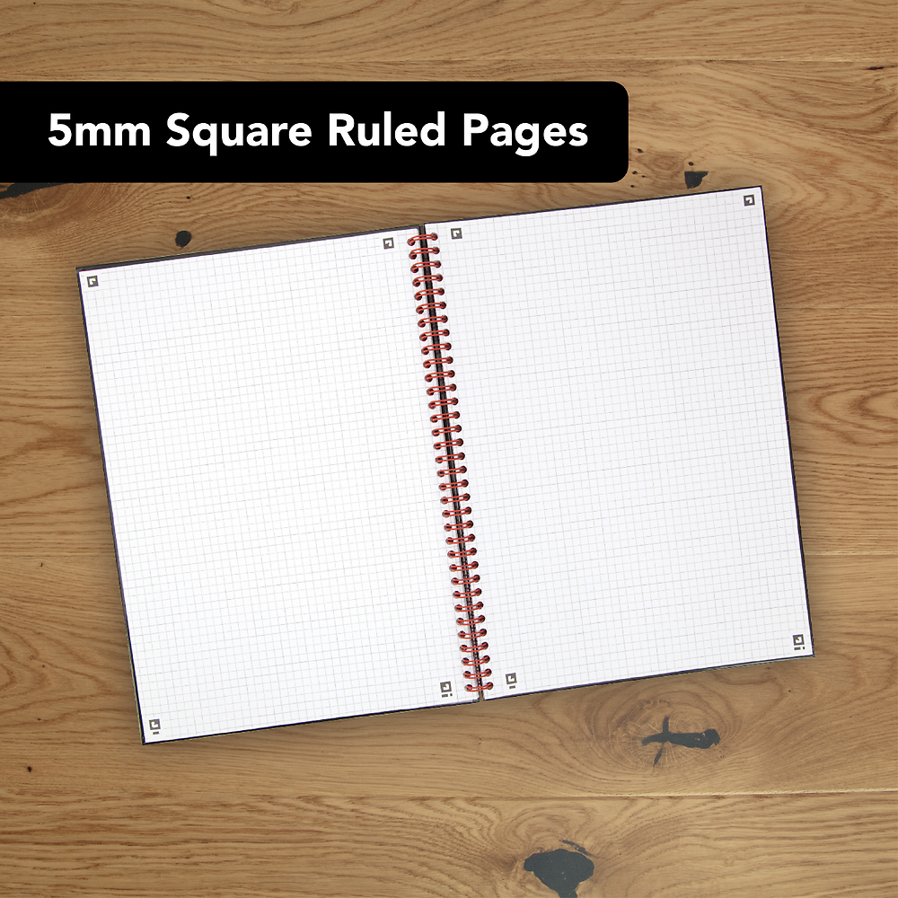 Oxford Black n' Red A4 Glossy Hardback Wirebound Notebook 5mm Square Ruled 140 Page, Pack of 5
