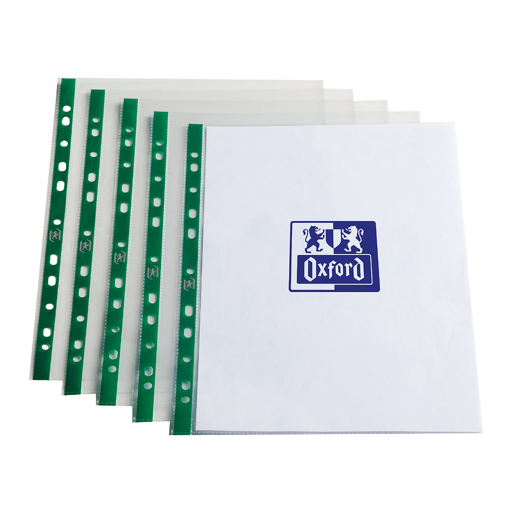 Oxford A4 green strip, glass clear Punched Pockets, Box of 100