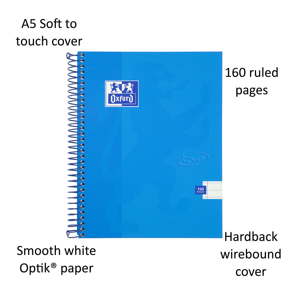 Oxford Touch A5 160 Page Wirebound Hardback Notebook, Aqua