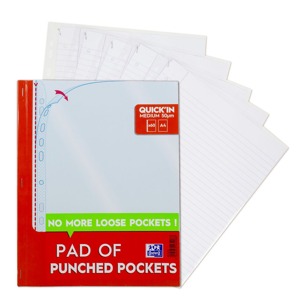 Oxford Pad of 60 A4 Quick'in Punched pockets, 50 micron clear