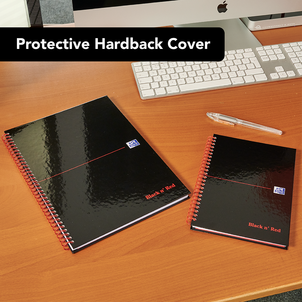 Oxford Black n' Red A5 Glossy Hardback Wirebound Notebooks Ruled 140 Page Black, Pack of 5