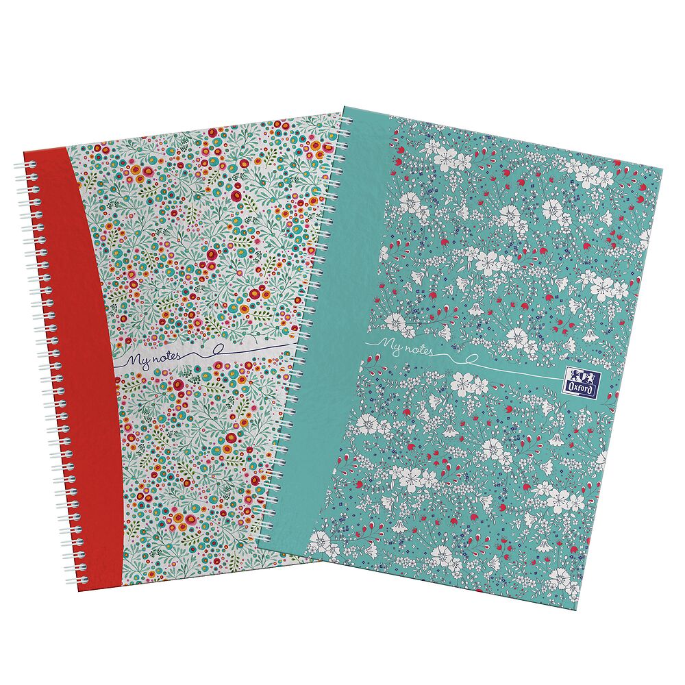 Oxford Floral/Bloom A4 Hard Cover Twin Pack Wirebound Notebooks, Ruled with Margin, 140 Pages, Scribzee Enabled