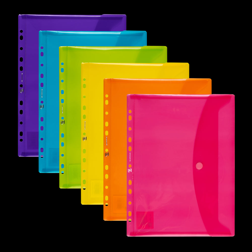 6 Velcro Close A4 Punched pockets, Polypropylene in assorted colours