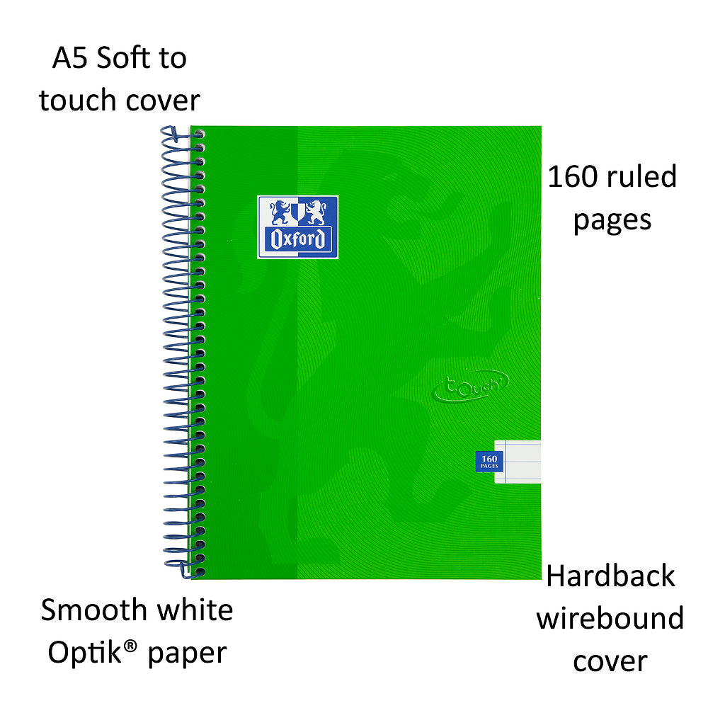 Oxford Touch A5 160 Page Wirebound Hardback Notebook, Bright Green