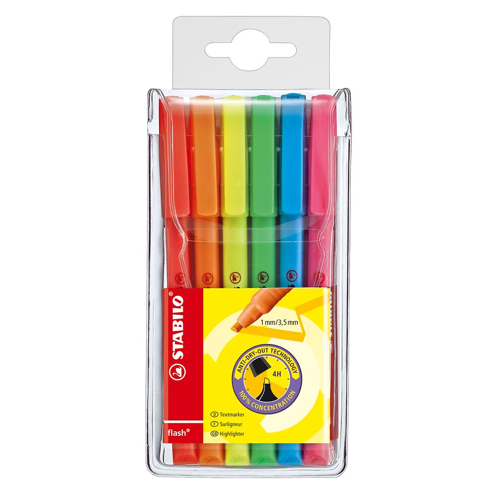 STABILO flash highlighters, pack of 6, Assorted Colours