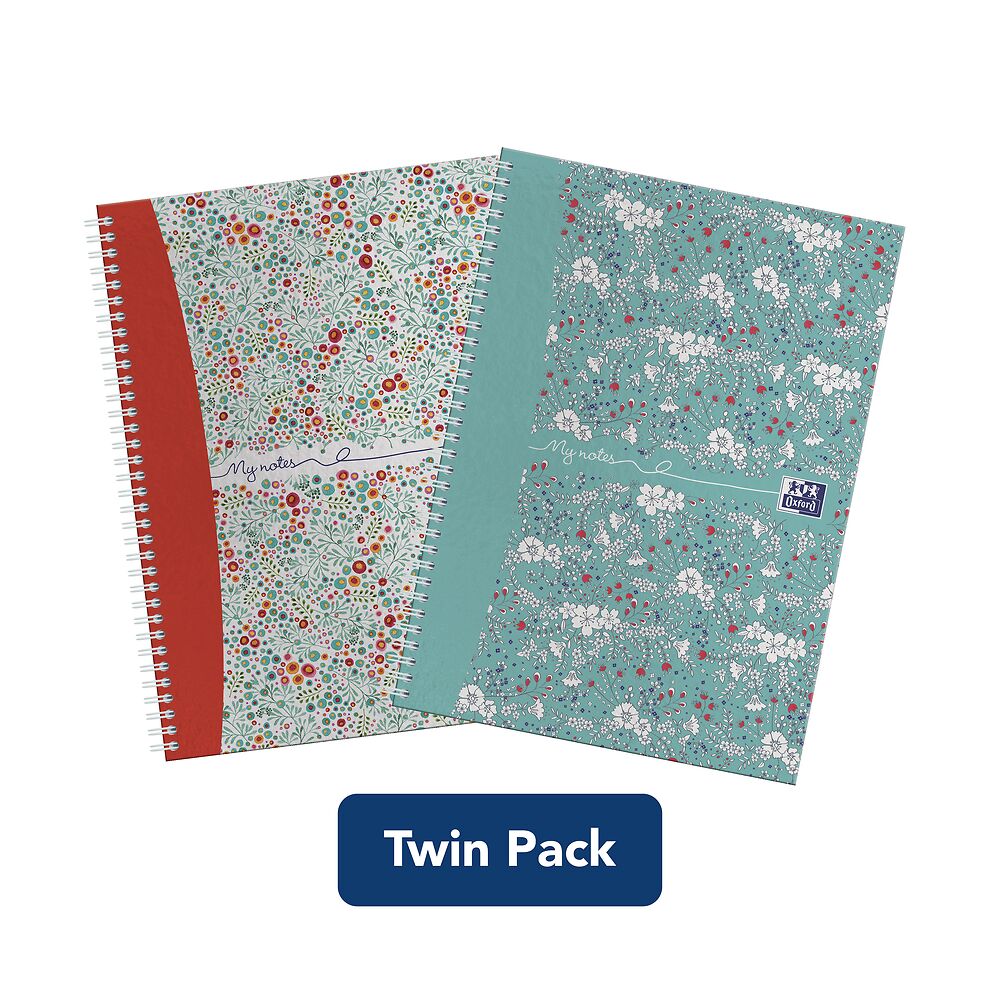 Oxford Floral/Bloom A5 Hard Cover Twin Pack Wirebound Notebooks, Ruled with Margin, 140 Pages, Scribzee Enabled