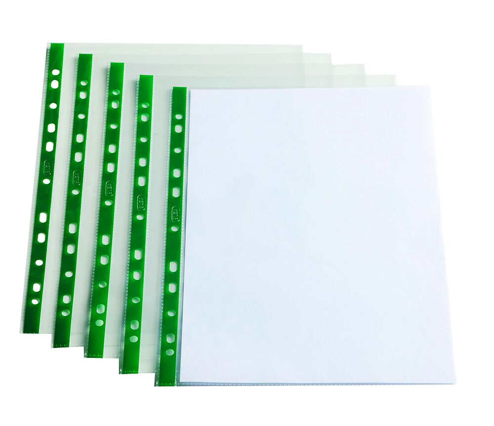 Oxford A4 green strip, glass clear Punched Pockets, Box of 100