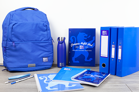 Oxford Blue Backpack, Water Bottle, A4 Notebook, A5 Notebook, Ring Binder, Pelikan Pens on desk